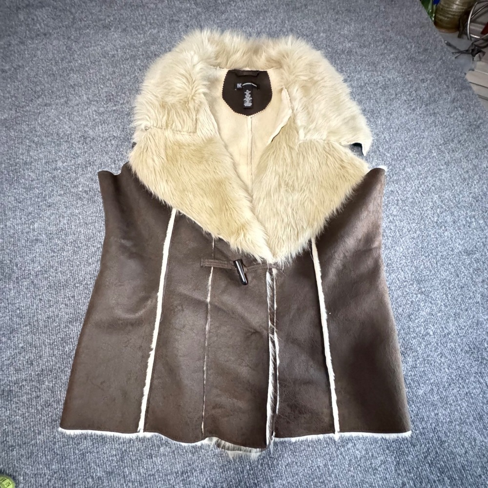 INC International Concepts Faux Suede Fur Trim Toggle Vest Brown XL